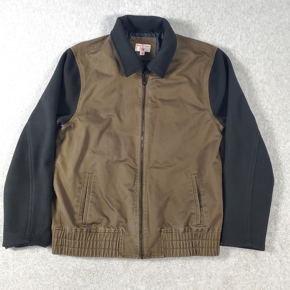True Religion Mens Large Jacket Brown Canvas Black Sleeve Full Zip Bomber Coat